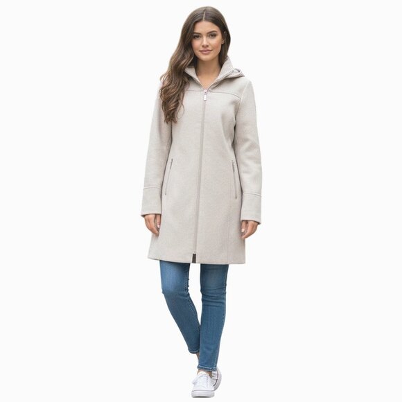 Vince Camuto Hooded Oatmeal Coat Size M Washable Gold Zip Front Old Money - Picture 1 of 10